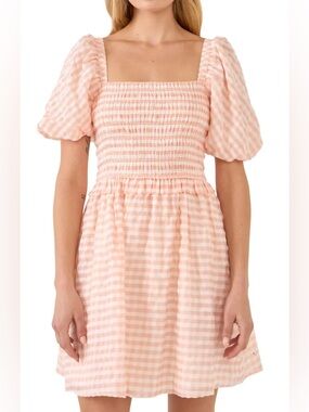 Pink English Factory Gingham Smocked Mini Dress